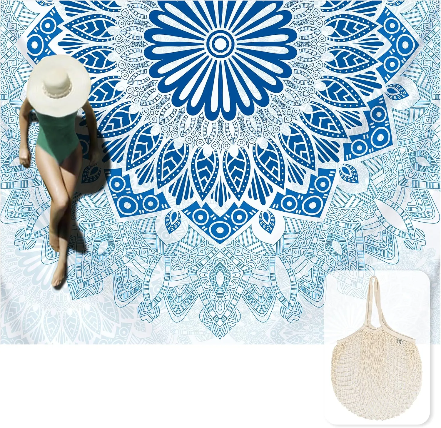 Silky Soft 108"x84" Sand Proof Beach Blanket Sand Proof Mat with Corner Pockets and Fashion Mesh Bag for Beach Party, Travel, Camping and Outdoor Music Festival, Boho Blue Mandala