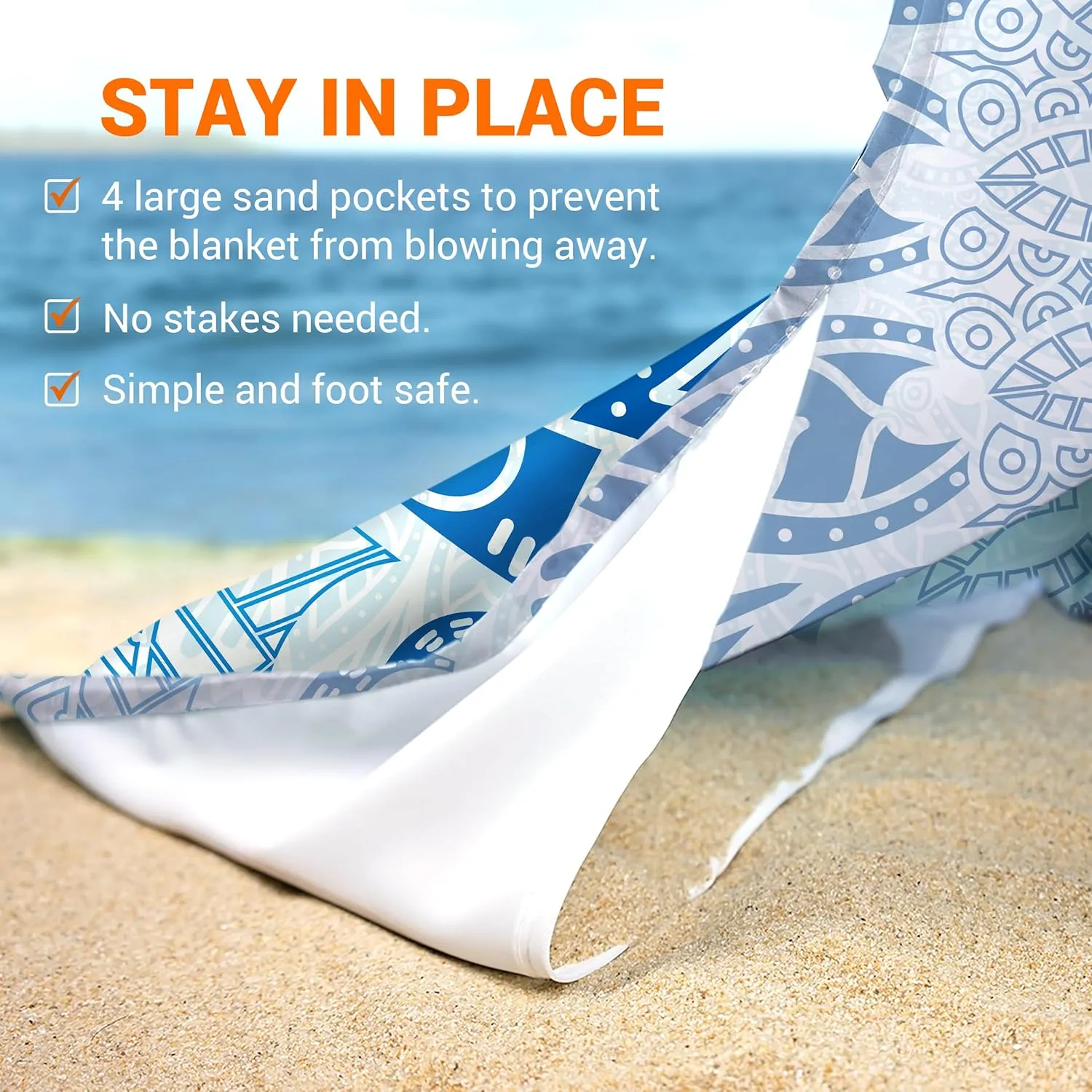 Silky Soft 108"x84" Sand Proof Beach Blanket Sand Proof Mat with Corner Pockets and Fashion Mesh Bag for Beach Party, Travel, Camping and Outdoor Music Festival, Boho Blue Mandala