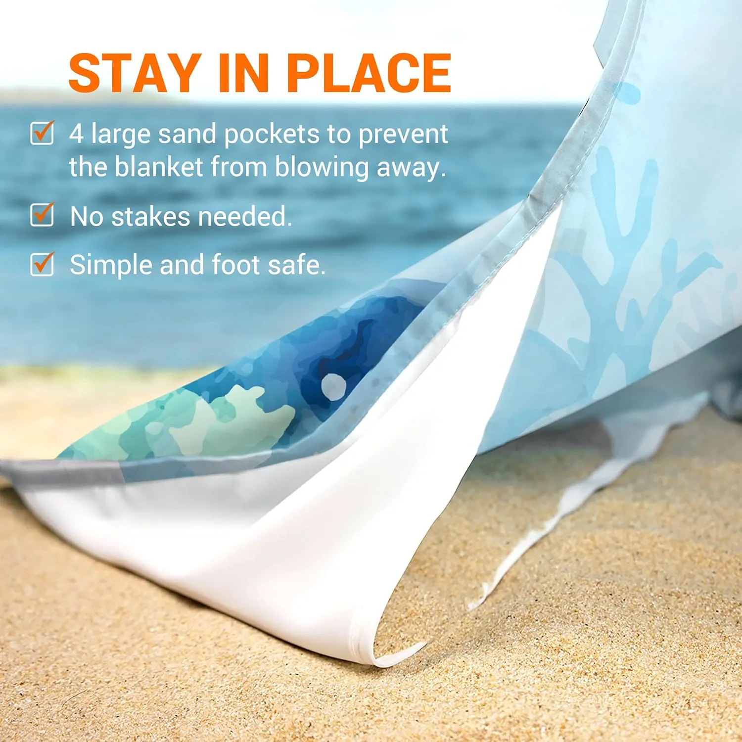 Silky Soft 108"x84" Sand Proof Beach Blanket Sand Proof Mat with Corner Pockets and Fashion Mesh Bag for Beach Party, Travel, Camping and Outdoor Music Festival, Vibrant Turtle and Coral
