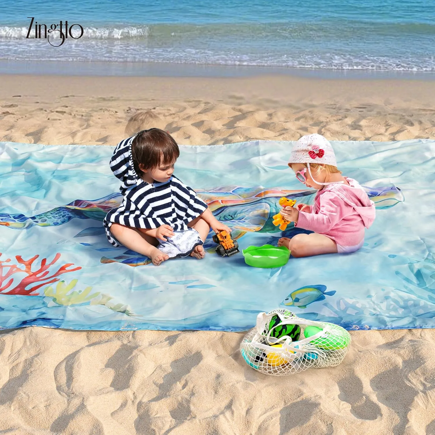 Silky Soft 108"x84" Sand Proof Beach Blanket Sand Proof Mat with Corner Pockets and Fashion Mesh Bag for Beach Party, Travel, Camping and Outdoor Music Festival, Vibrant Turtle and Coral