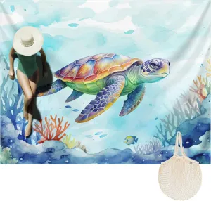 Silky Soft 108"x84" Sand Proof Beach Blanket Sand Proof Mat with Corner Pockets and Fashion Mesh Bag for Beach Party, Travel, Camping and Outdoor Music Festival, Vibrant Turtle and Coral