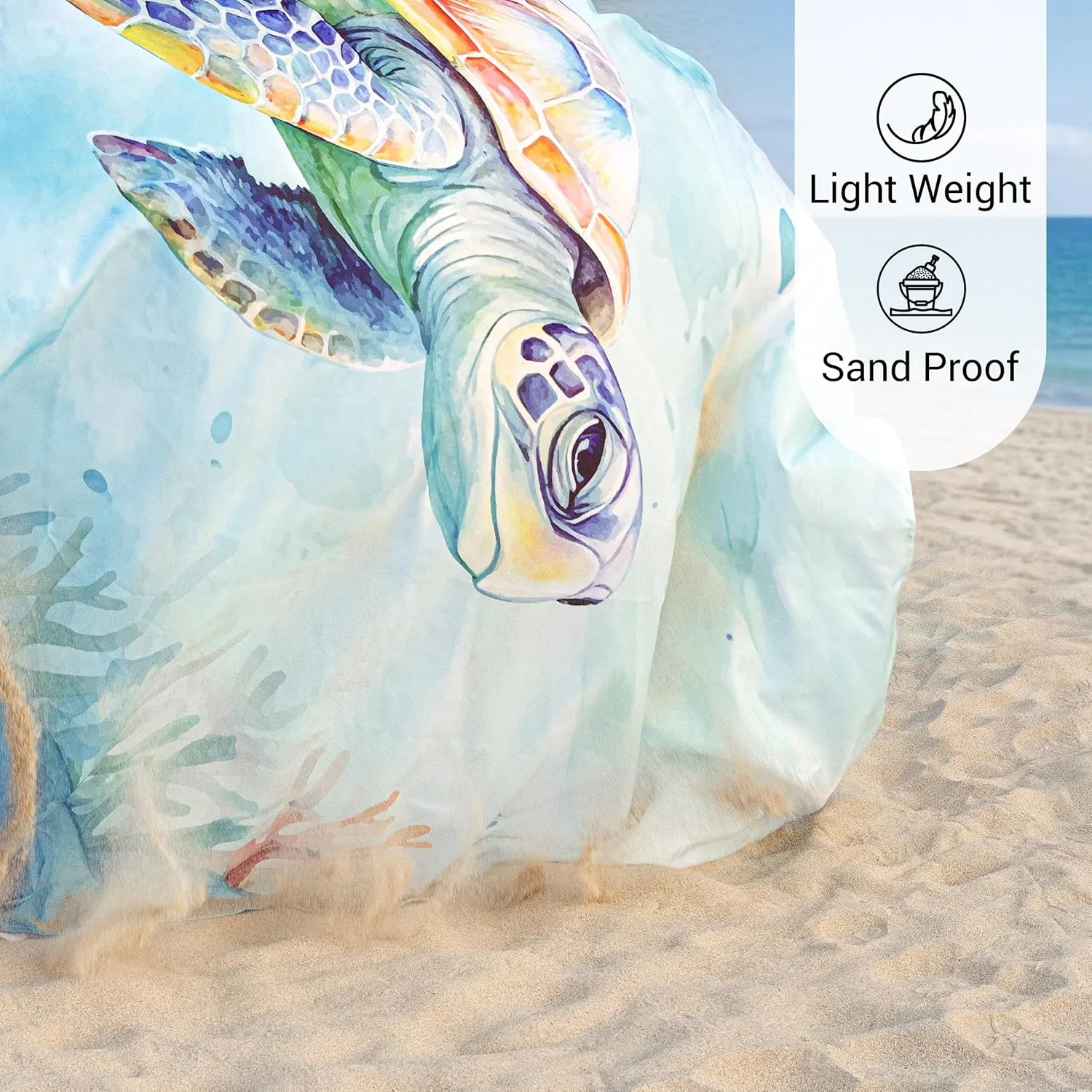 Silky Soft 108"x84" Sand Proof Beach Blanket Sand Proof Mat with Corner Pockets and Fashion Mesh Bag for Beach Party, Travel, Camping and Outdoor Music Festival, Vibrant Turtle and Coral