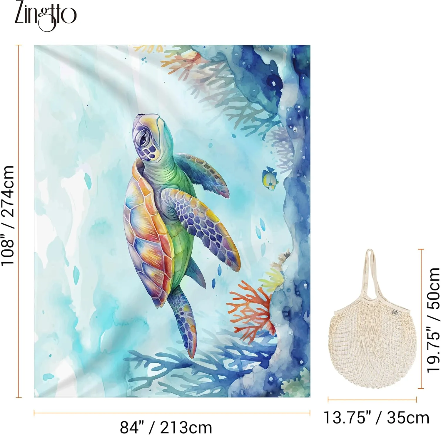 Silky Soft 108"x84" Sand Proof Beach Blanket Sand Proof Mat with Corner Pockets and Fashion Mesh Bag for Beach Party, Travel, Camping and Outdoor Music Festival, Vibrant Turtle and Coral