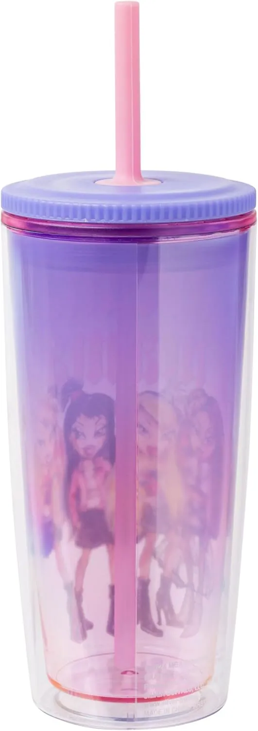 Silver Buffalo Bratz Drama Mama Featuring Cloe, Yasmin, Jade, and Sasha Plastic Tumbler Cold Cup with Lid and Straw, 20 Ounces