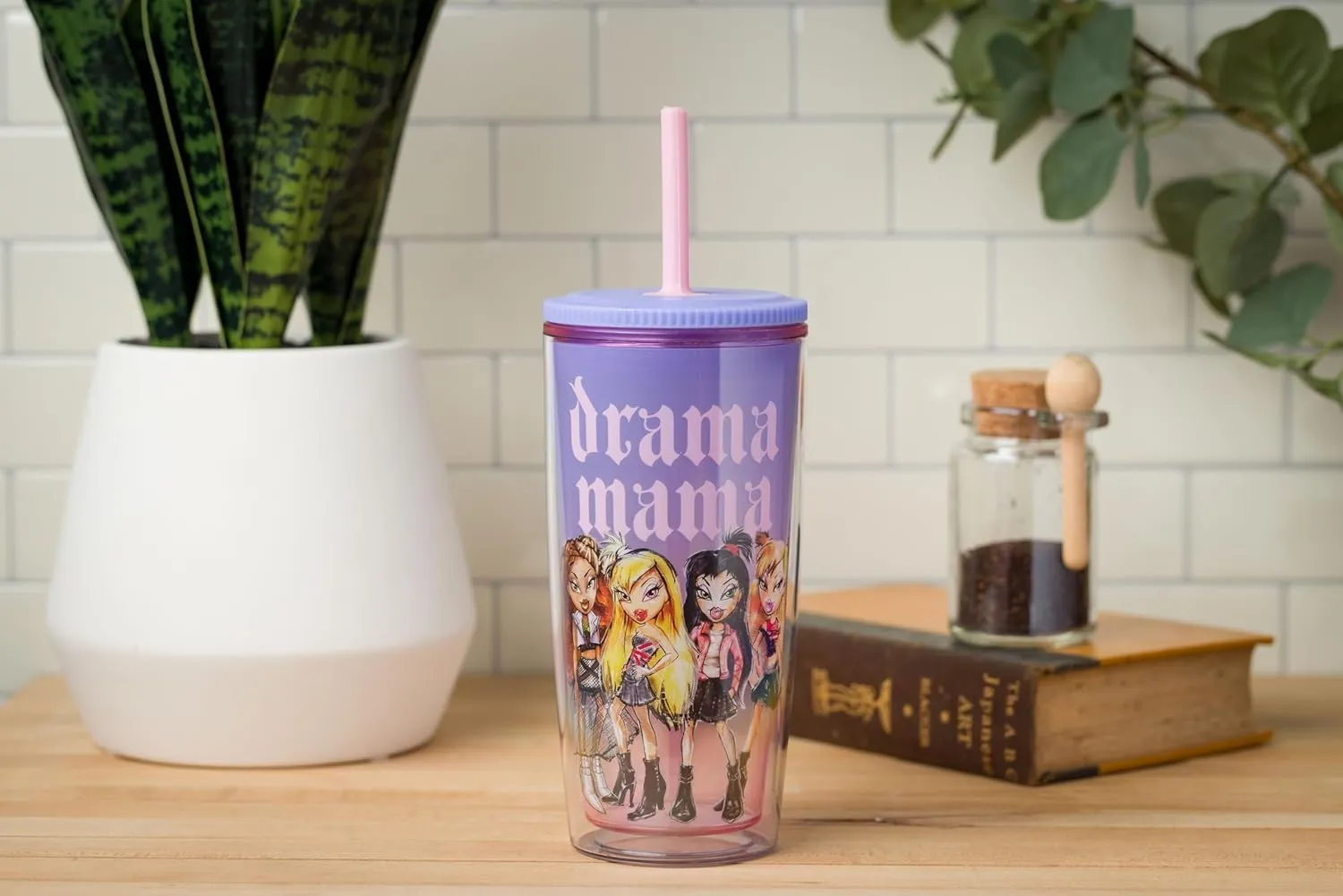 Silver Buffalo Bratz Drama Mama Featuring Cloe, Yasmin, Jade, and Sasha Plastic Tumbler Cold Cup with Lid and Straw, 20 Ounces