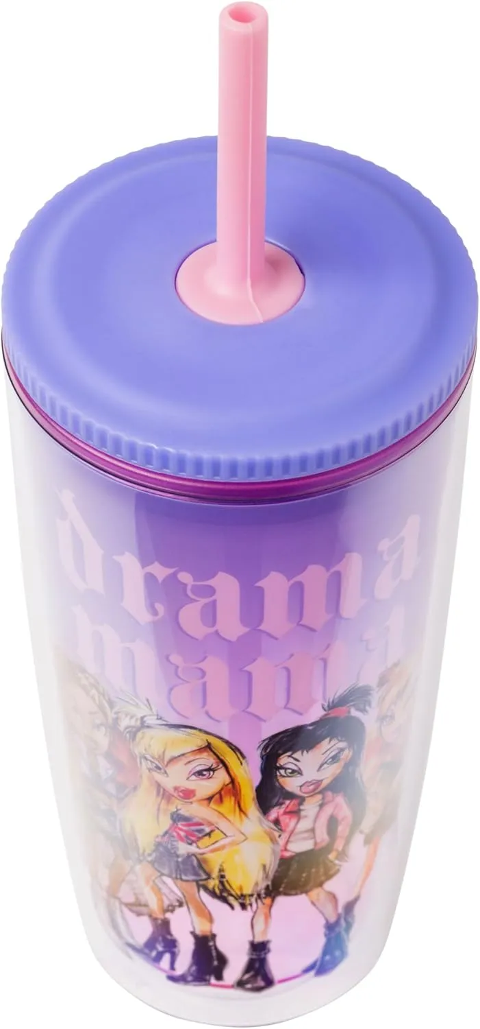 Silver Buffalo Bratz Drama Mama Featuring Cloe, Yasmin, Jade, and Sasha Plastic Tumbler Cold Cup with Lid and Straw, 20 Ounces