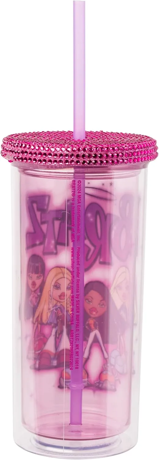 Silver Buffalo Bratz Plastic Cold Cup with Rhinestone Lid and Straw Featuring Cloe, Jade, Yasmin, and Sasha, 20 Ounces