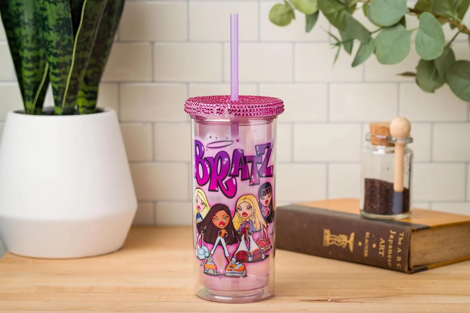 Silver Buffalo Bratz Plastic Cold Cup with Rhinestone Lid and Straw Featuring Cloe, Jade, Yasmin, and Sasha, 20 Ounces