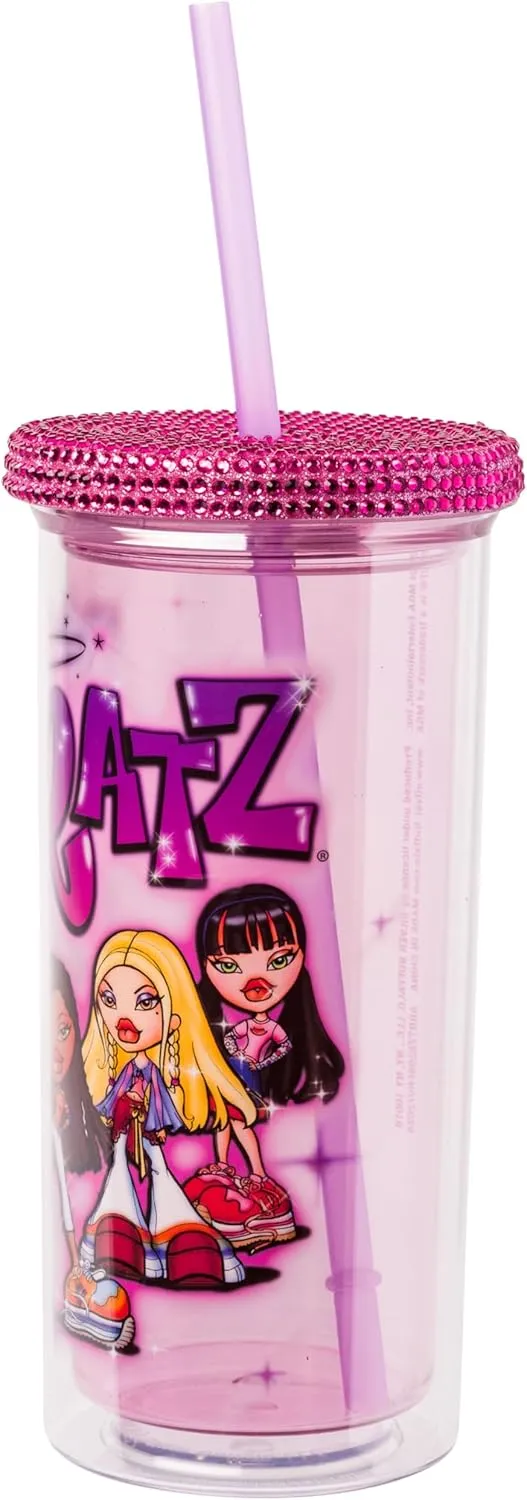 Silver Buffalo Bratz Plastic Cold Cup with Rhinestone Lid and Straw Featuring Cloe, Jade, Yasmin, and Sasha, 20 Ounces
