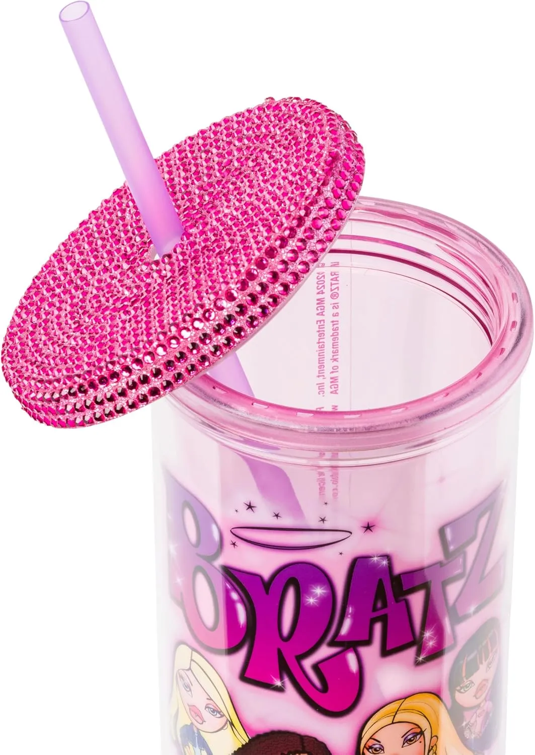 Silver Buffalo Bratz Plastic Cold Cup with Rhinestone Lid and Straw Featuring Cloe, Jade, Yasmin, and Sasha, 20 Ounces
