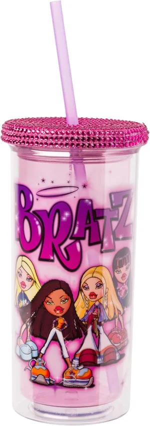 Silver Buffalo Bratz Plastic Cold Cup with Rhinestone Lid and Straw Featuring Cloe, Jade, Yasmin, and Sasha, 20 Ounces