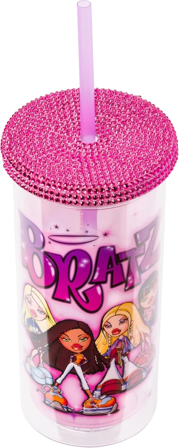 Silver Buffalo Bratz Plastic Cold Cup with Rhinestone Lid and Straw Featuring Cloe, Jade, Yasmin, and Sasha, 20 Ounces