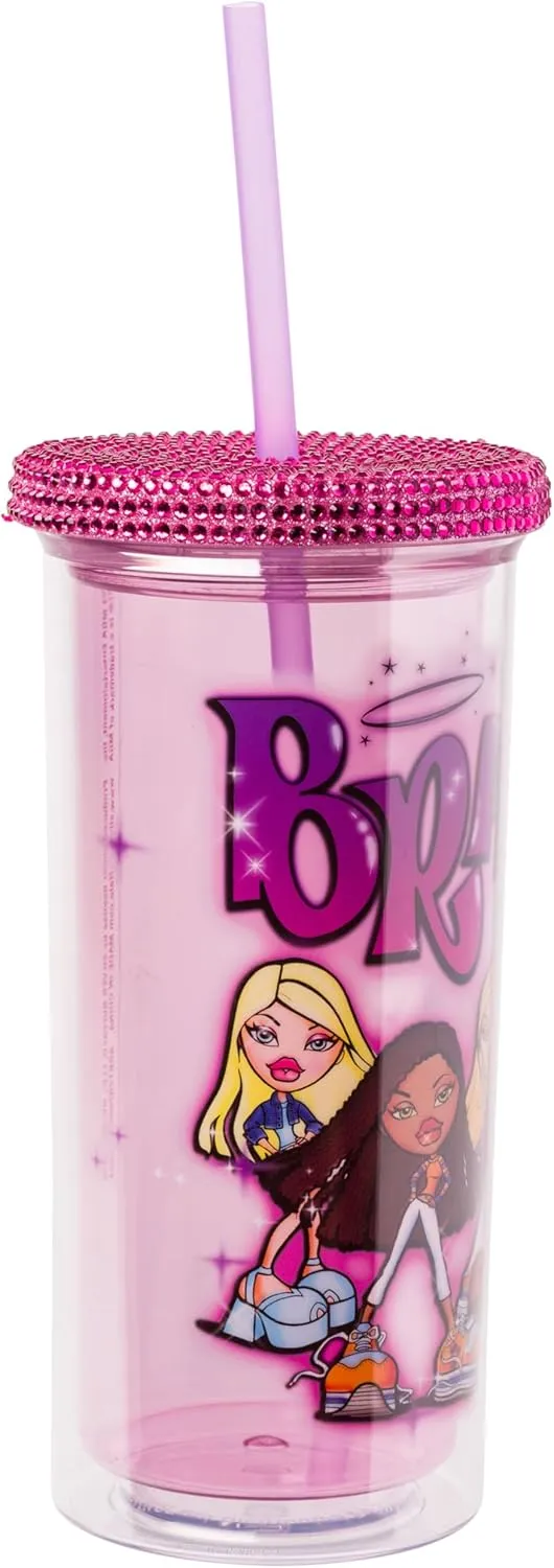Silver Buffalo Bratz Plastic Cold Cup with Rhinestone Lid and Straw Featuring Cloe, Jade, Yasmin, and Sasha, 20 Ounces