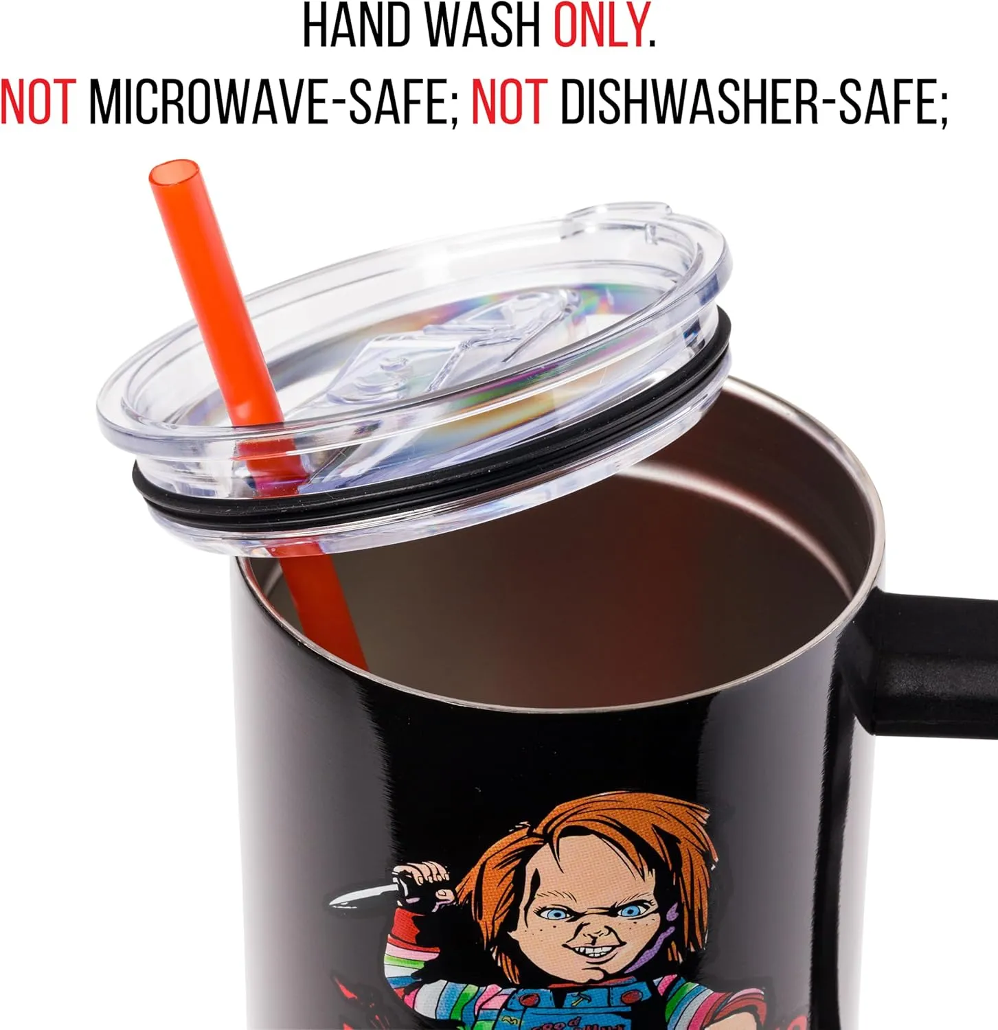 Silver Buffalo Chucky Holding Knife Wanna Play Spooky Scary Stainless Steel Tumbler with Handle and Straw, Fits in Standard Cup Holder, 40 Ounces