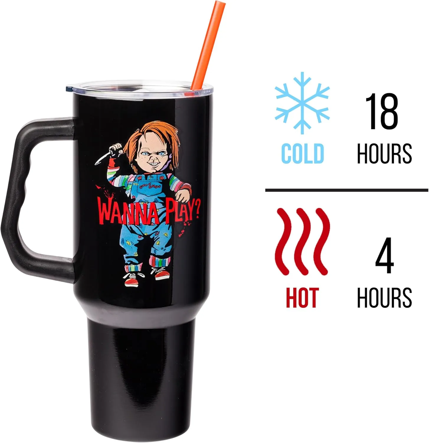 Silver Buffalo Chucky Holding Knife Wanna Play Spooky Scary Stainless Steel Tumbler with Handle and Straw, Fits in Standard Cup Holder, 40 Ounces