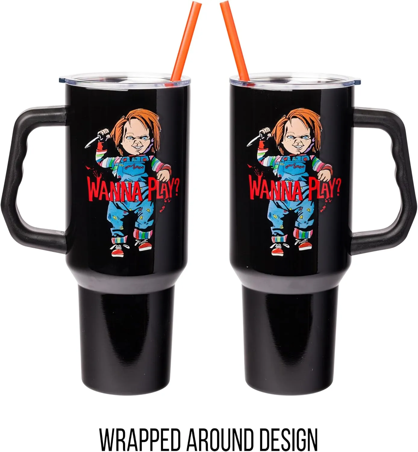 Silver Buffalo Chucky Holding Knife Wanna Play Spooky Scary Stainless Steel Tumbler with Handle and Straw, Fits in Standard Cup Holder, 40 Ounces
