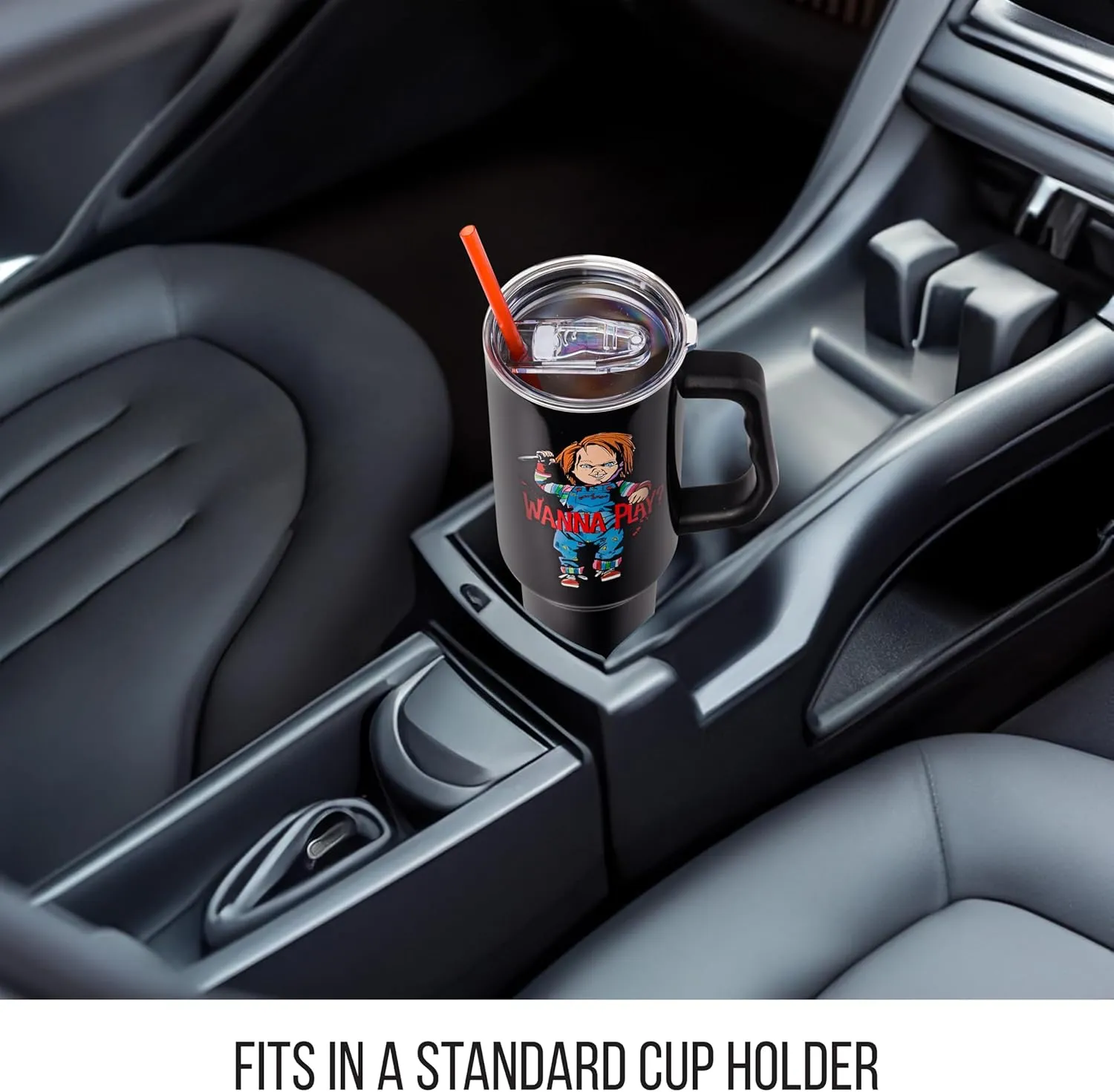 Silver Buffalo Chucky Holding Knife Wanna Play Spooky Scary Stainless Steel Tumbler with Handle and Straw, Fits in Standard Cup Holder, 40 Ounces