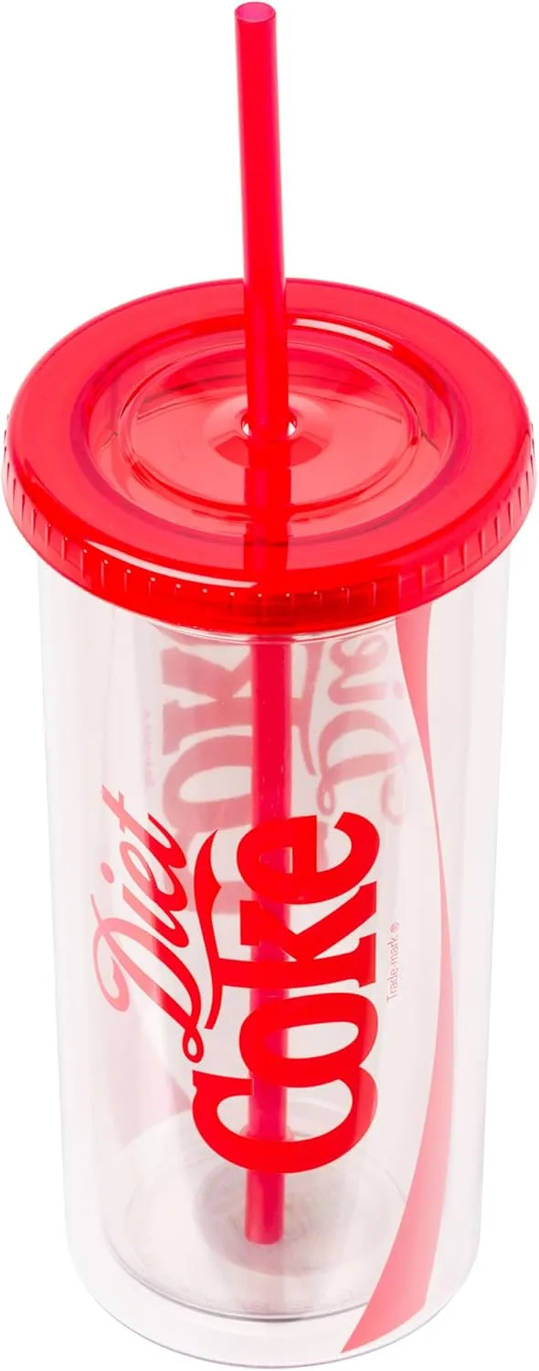 Silver Buffalo Coca-Cola Plastic Tall Cold Cup with Lid and Straw Featuring Diet Coke Logo, 20 Ounces