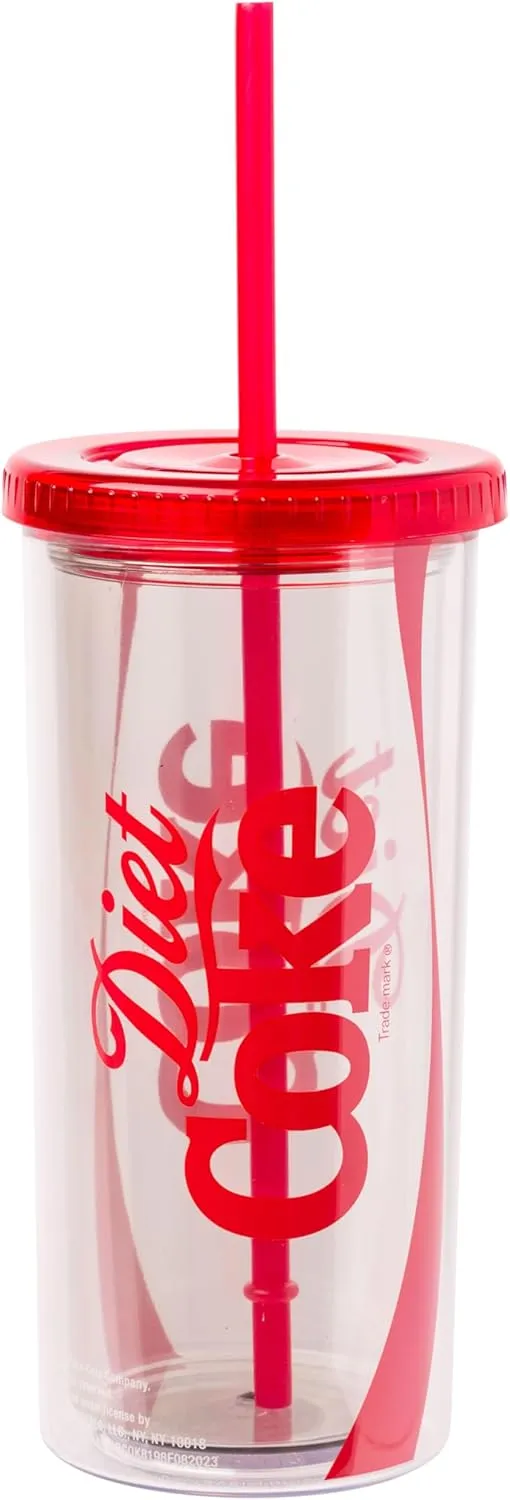 Silver Buffalo Coca-Cola Plastic Tall Cold Cup with Lid and Straw Featuring Diet Coke Logo, 20 Ounces