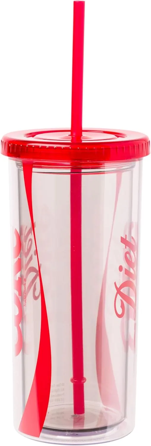 Silver Buffalo Coca-Cola Plastic Tall Cold Cup with Lid and Straw Featuring Diet Coke Logo, 20 Ounces