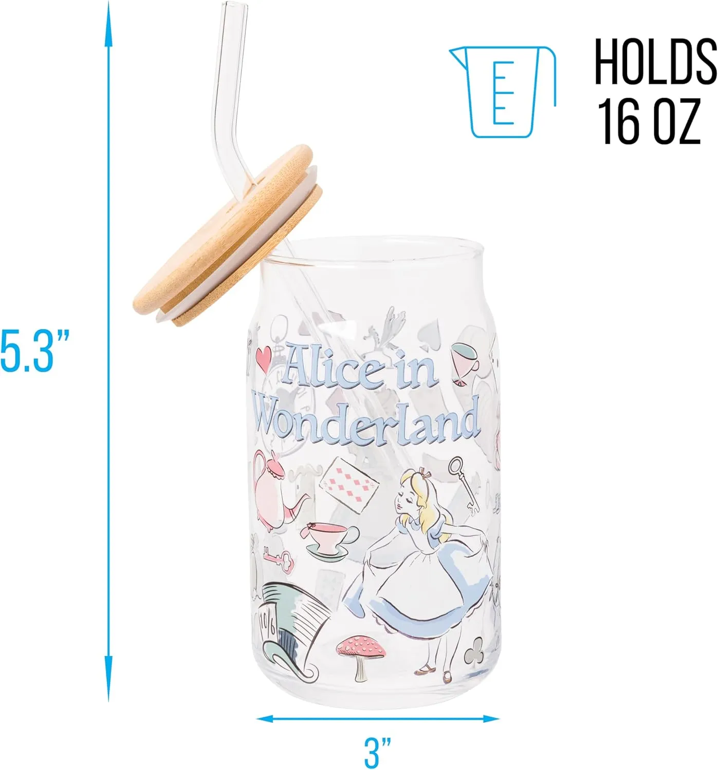 Silver Buffalo Disney Alice in Wonderland Glass Jar Tumbler with Bamboo Lid and Glass Straw, 16 Ounces