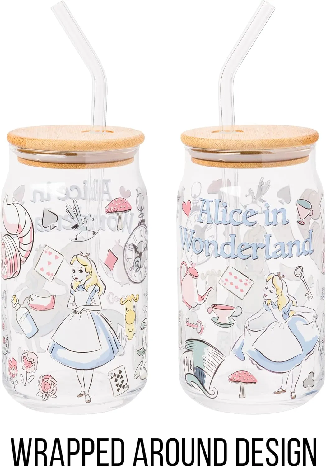 Silver Buffalo Disney Alice in Wonderland Glass Jar Tumbler with Bamboo Lid and Glass Straw, 16 Ounces