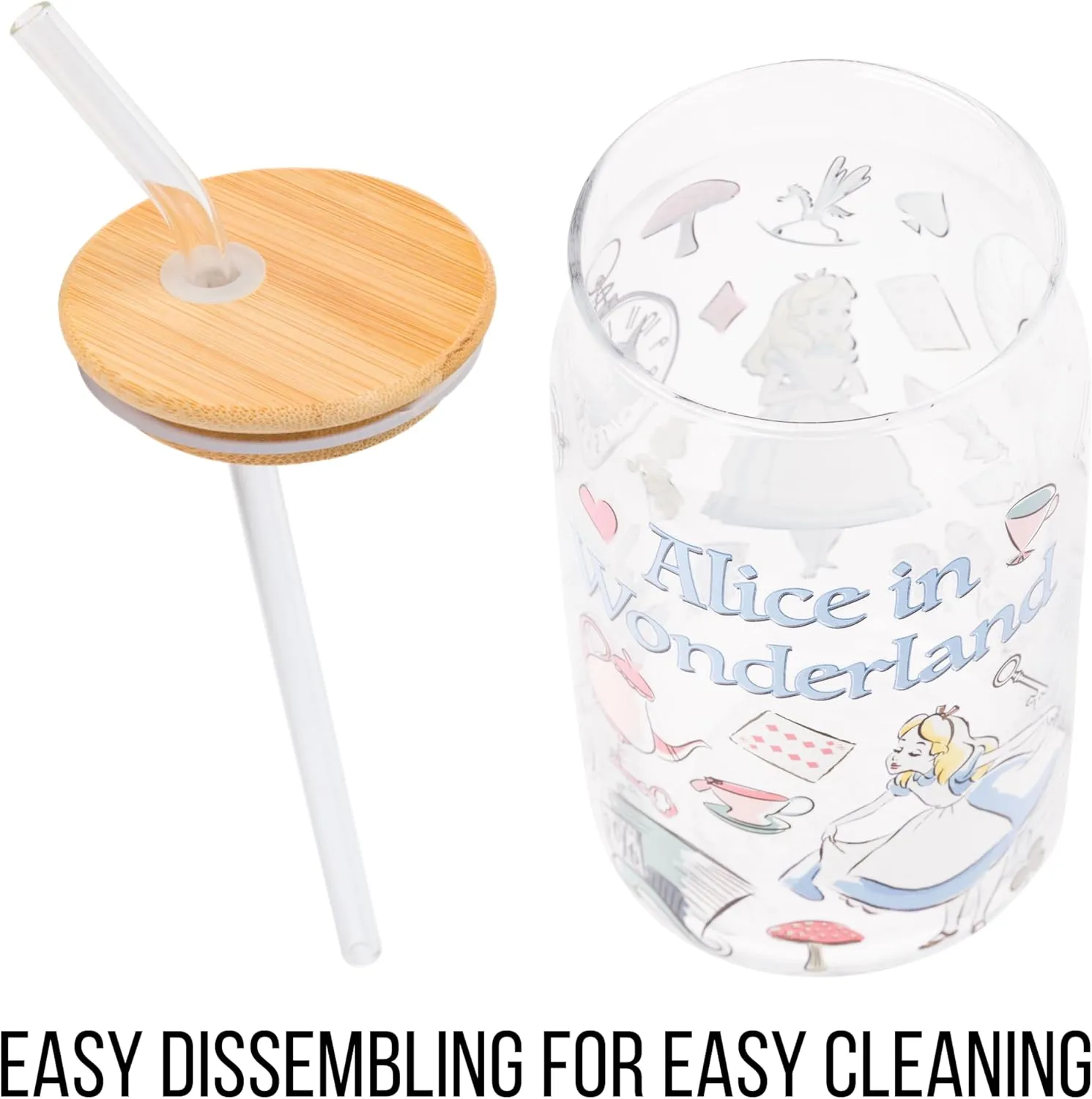 Silver Buffalo Disney Alice in Wonderland Glass Jar Tumbler with Bamboo Lid and Glass Straw, 16 Ounces
