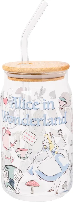 Silver Buffalo Disney Alice in Wonderland Glass Jar Tumbler with Bamboo Lid and Glass Straw, 16 Ounces