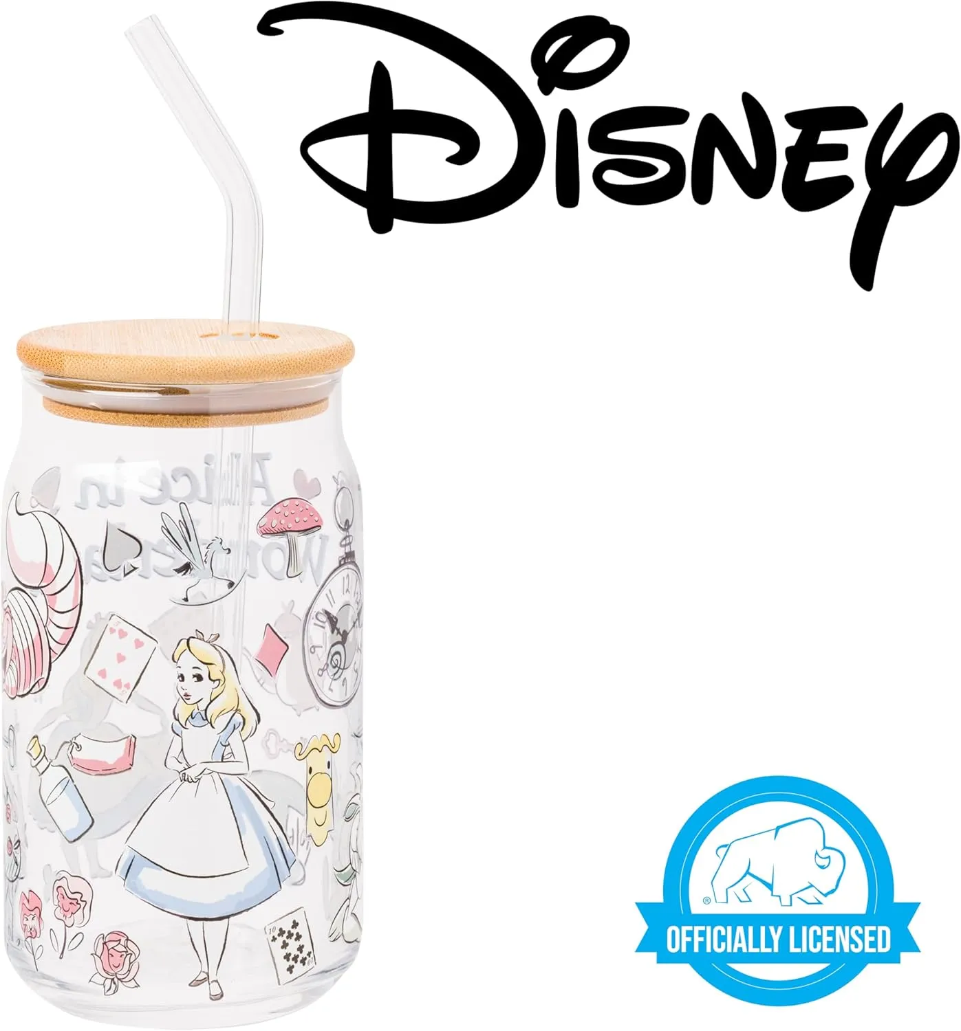 Silver Buffalo Disney Alice in Wonderland Glass Jar Tumbler with Bamboo Lid and Glass Straw, 16 Ounces