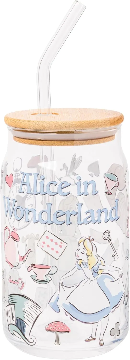 Silver Buffalo Disney Alice in Wonderland Glass Jar Tumbler with Bamboo Lid and Glass Straw, 16 Ounces
