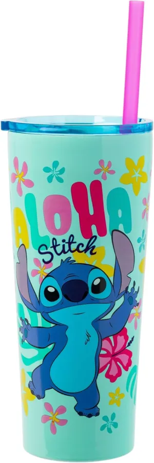 Silver Buffalo Disney Lilo and Stitch Aloha Double Walled Tumbler with Straw, 22 Ounces
