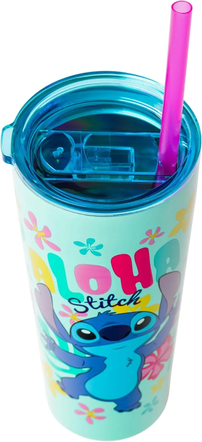 Silver Buffalo Disney Lilo and Stitch Aloha Double Walled Tumbler with Straw, 22 Ounces