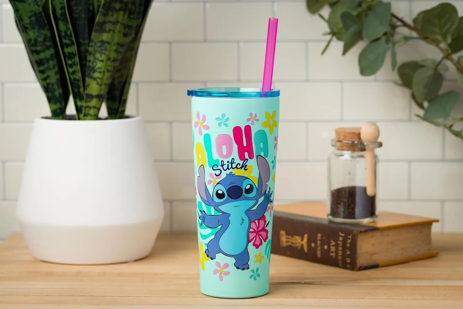 Silver Buffalo Disney Lilo and Stitch Aloha Double Walled Tumbler with Straw, 22 Ounces