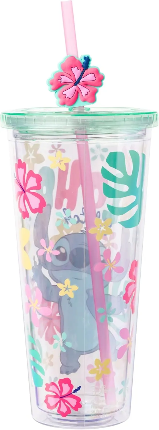 Silver Buffalo Disney Lilo and Stitch “Aloha Stitch” Tropical Island Flowers Plastic Cold Cup with Lid and Straw Topper, 24 Ounces