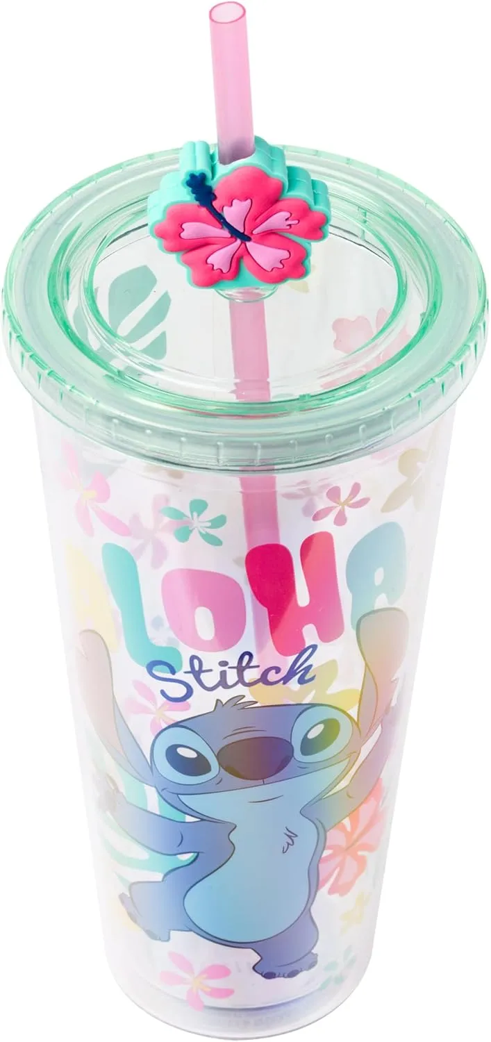 Silver Buffalo Disney Lilo and Stitch “Aloha Stitch” Tropical Island Flowers Plastic Cold Cup with Lid and Straw Topper, 24 Ounces