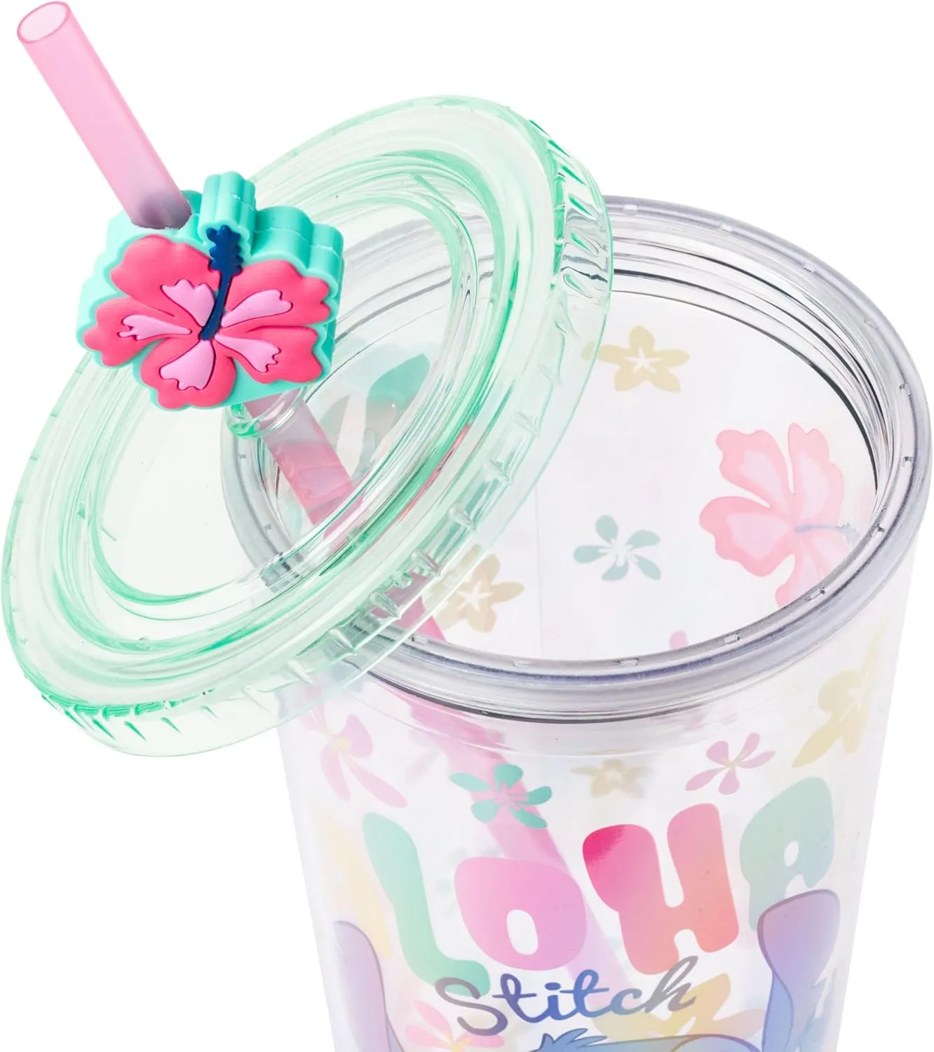 Silver Buffalo Disney Lilo and Stitch “Aloha Stitch” Tropical Island Flowers Plastic Cold Cup with Lid and Straw Topper, 24 Ounces