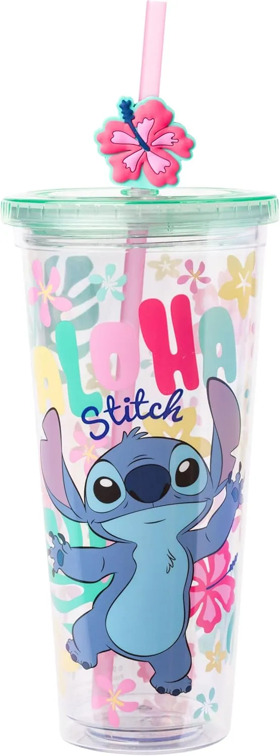 Silver Buffalo Disney Lilo and Stitch “Aloha Stitch” Tropical Island Flowers Plastic Cold Cup with Lid and Straw Topper, 24 Ounces
