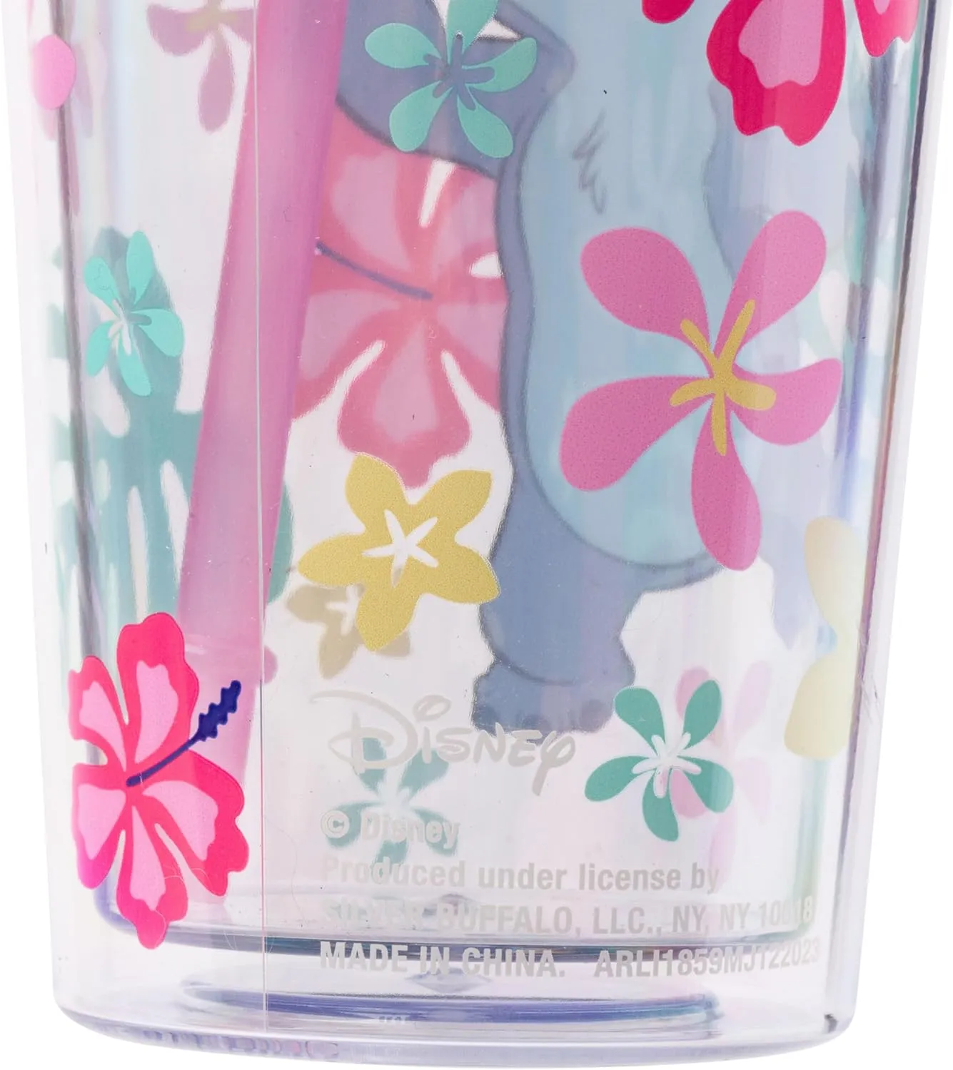 Silver Buffalo Disney Lilo and Stitch “Aloha Stitch” Tropical Island Flowers Plastic Cold Cup with Lid and Straw Topper, 24 Ounces