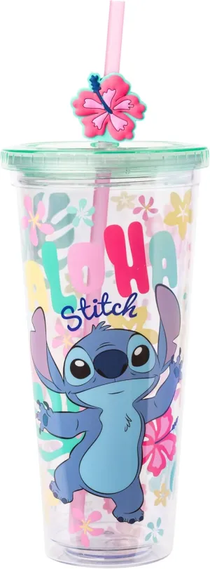 Silver Buffalo Disney Lilo and Stitch “Aloha Stitch” Tropical Island Flowers Plastic Cold Cup with Lid and Straw Topper, 24 Ounces