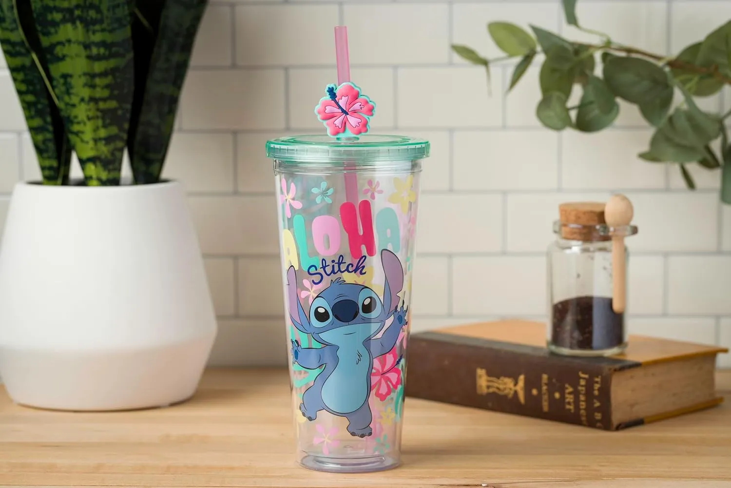 Silver Buffalo Disney Lilo and Stitch “Aloha Stitch” Tropical Island Flowers Plastic Cold Cup with Lid and Straw Topper, 24 Ounces