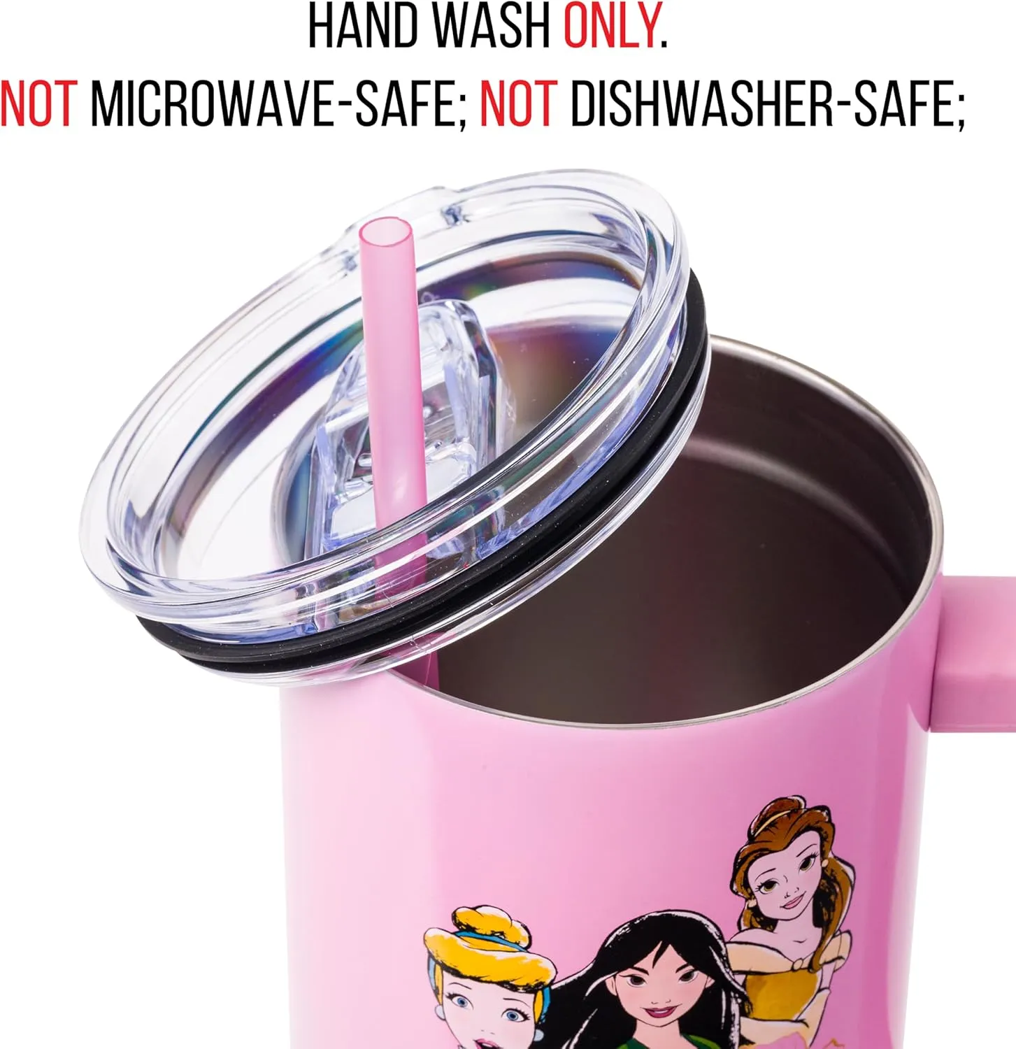 Silver Buffalo Disney Princess Featuring Cinderella, Mulan, Belle, Ariel, Tiana, and Jasmine Stainless Steel Tumbler with Handle and Straw, Fits in Standard Cup Holder, 40 Ounces