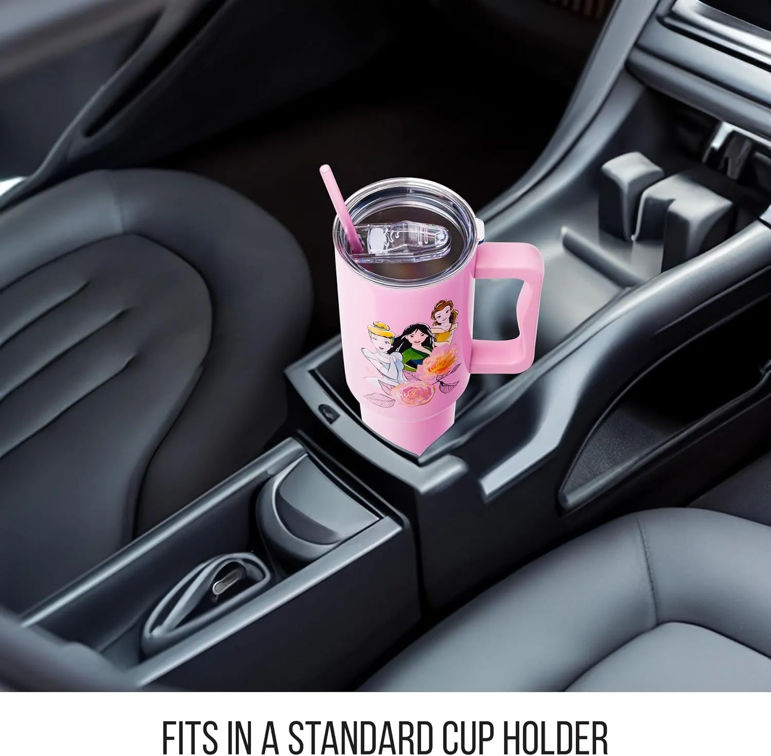 Silver Buffalo Disney Princess Featuring Cinderella, Mulan, Belle, Ariel, Tiana, and Jasmine Stainless Steel Tumbler with Handle and Straw, Fits in Standard Cup Holder, 40 Ounces