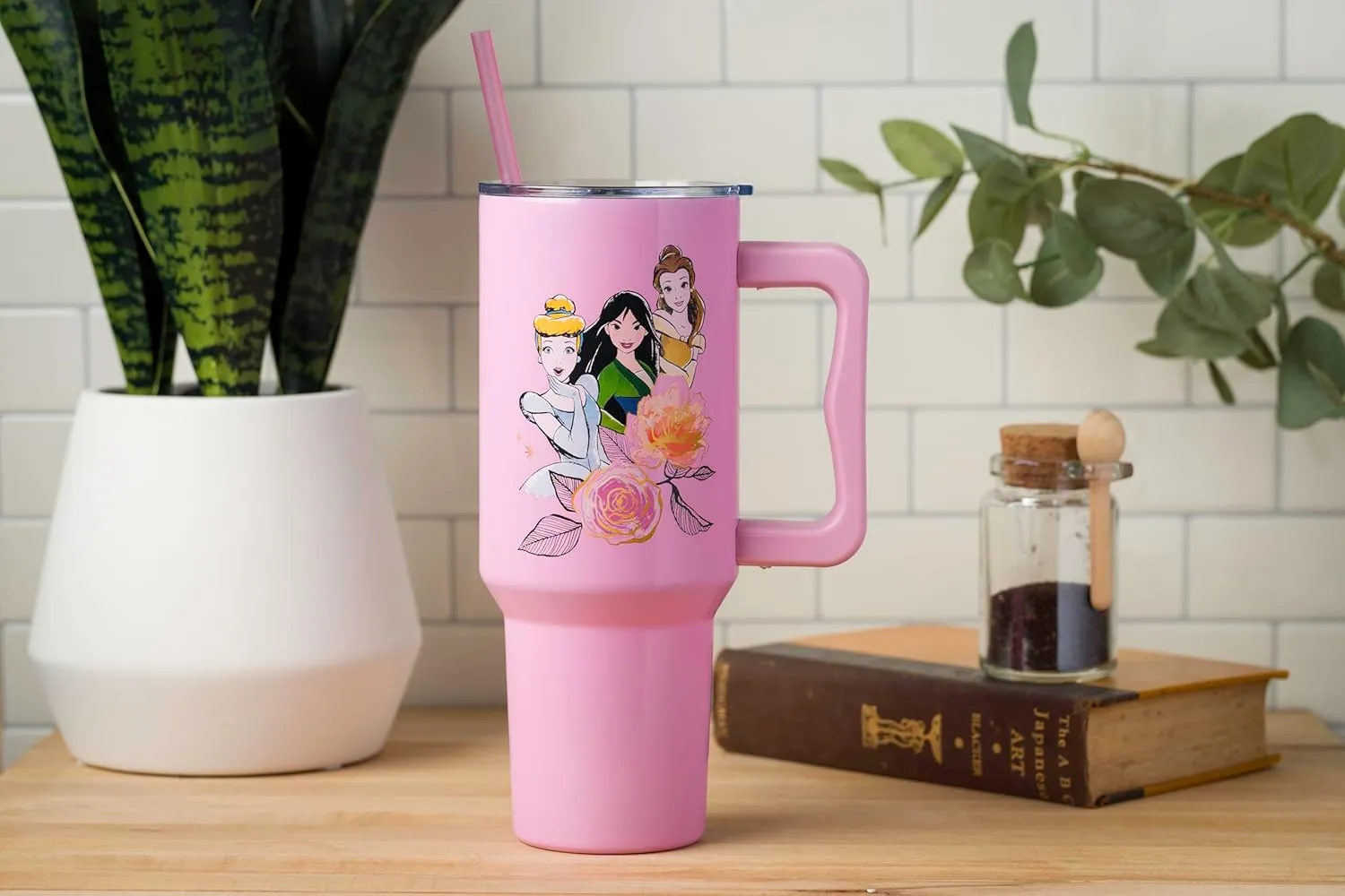 Silver Buffalo Disney Princess Featuring Cinderella, Mulan, Belle, Ariel, Tiana, and Jasmine Stainless Steel Tumbler with Handle and Straw, Fits in Standard Cup Holder, 40 Ounces