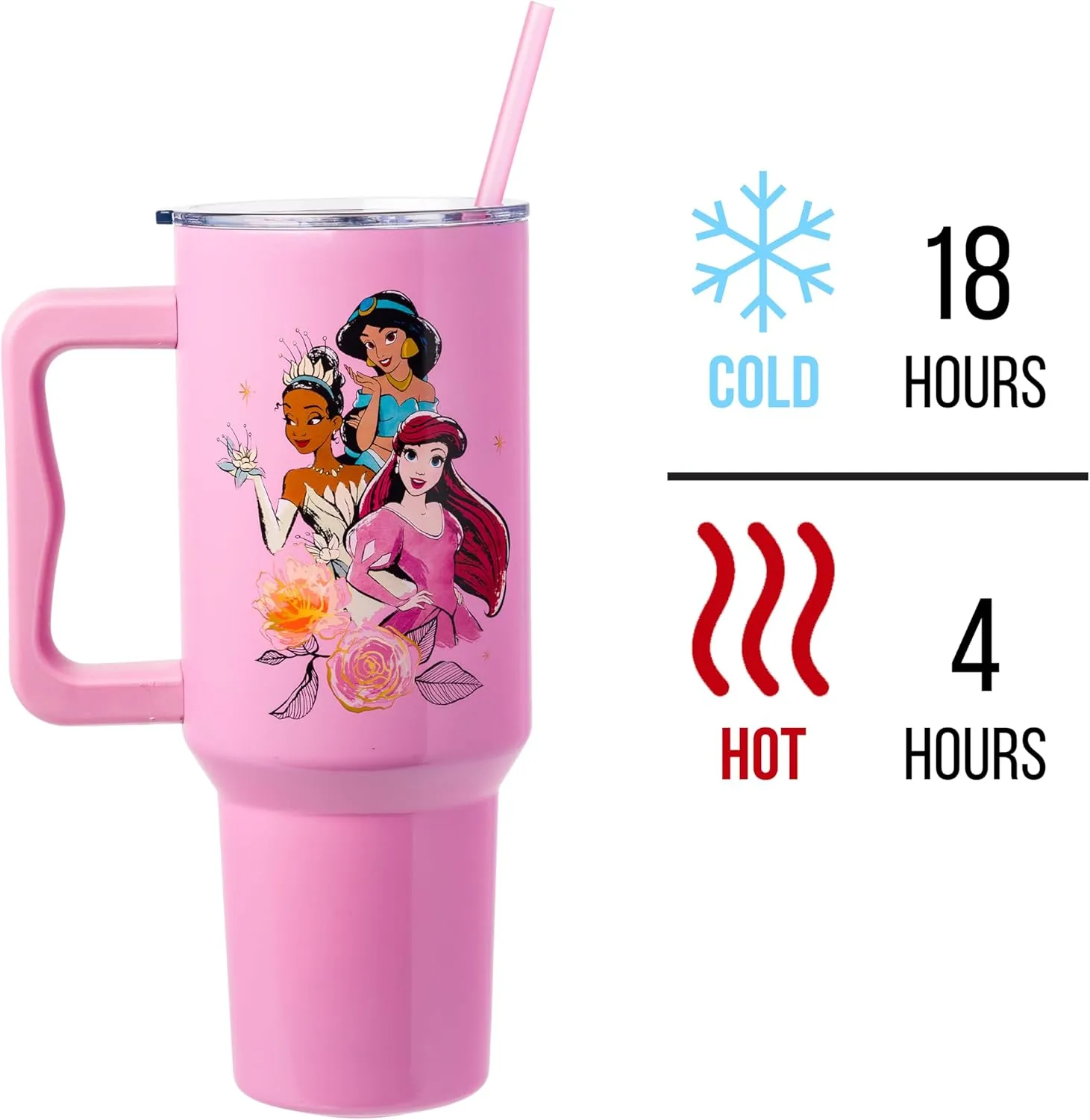 Silver Buffalo Disney Princess Featuring Cinderella, Mulan, Belle, Ariel, Tiana, and Jasmine Stainless Steel Tumbler with Handle and Straw, Fits in Standard Cup Holder, 40 Ounces