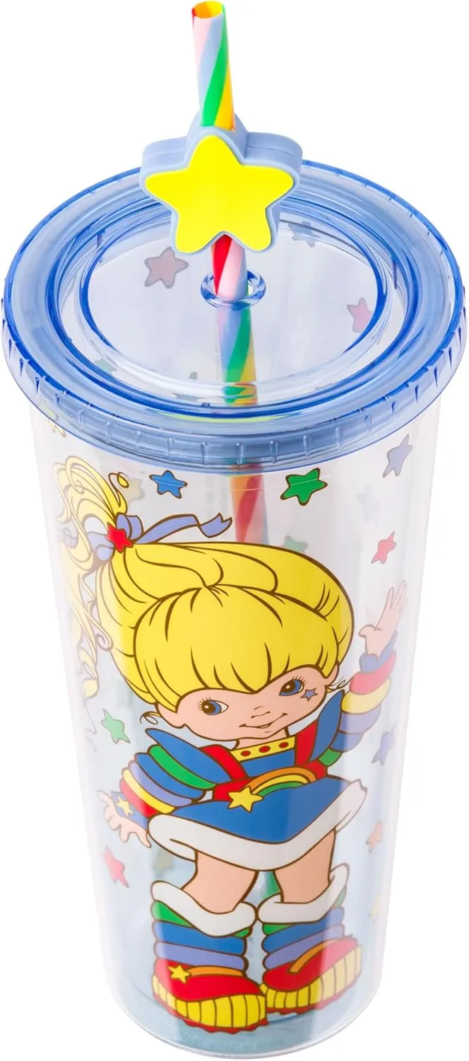 Silver Buffalo Rainbow Brite Plastic Cold Cup with Lid and Straw Topper, 24 Ounces