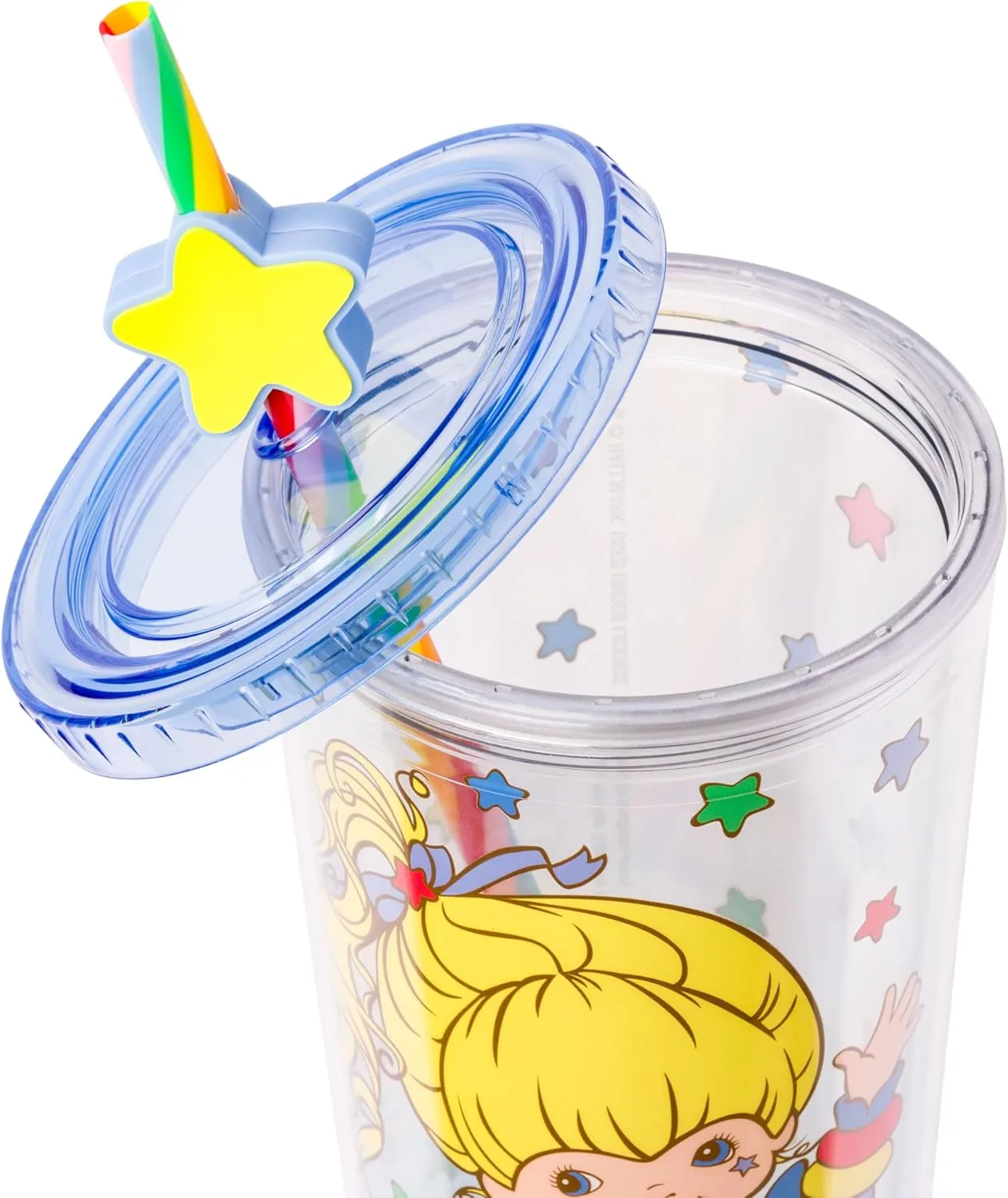 Silver Buffalo Rainbow Brite Plastic Cold Cup with Lid and Straw Topper, 24 Ounces