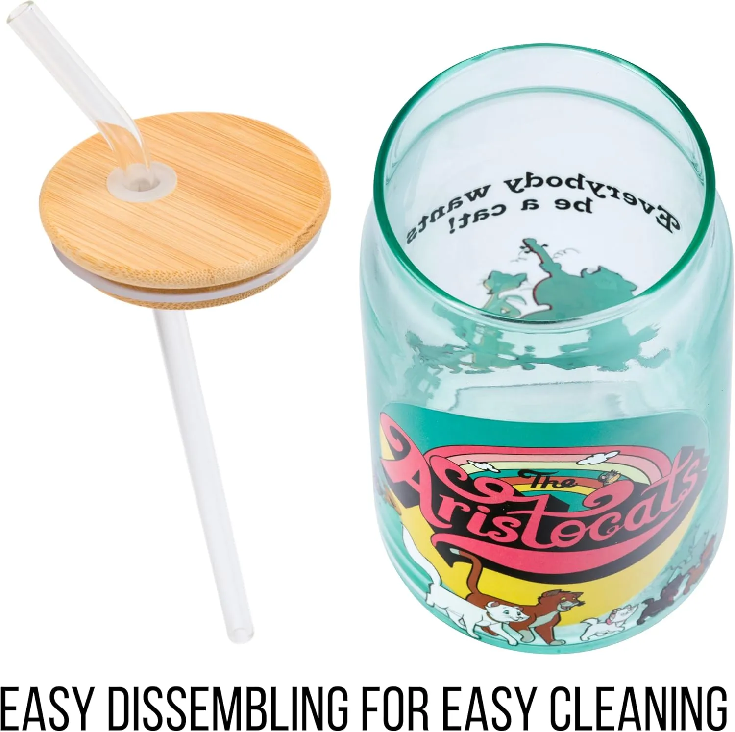 Silver Buffalo The Aristocats Glass Tumbler with Bamboo Lid and Glass Straw Featuring Duchess, Thomas O’Malley, Berlioz, Toulouse, Marie, Billy Boss, Hit Cat, Scat Cat, Peppo, and Shun Gon, 16 Ounces
