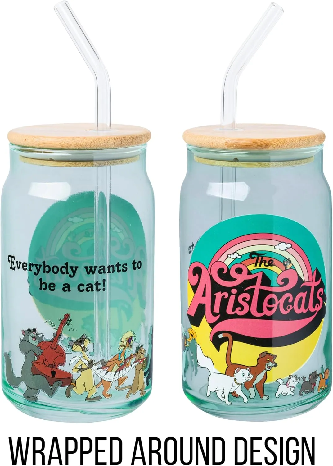 Silver Buffalo The Aristocats Glass Tumbler with Bamboo Lid and Glass Straw Featuring Duchess, Thomas O’Malley, Berlioz, Toulouse, Marie, Billy Boss, Hit Cat, Scat Cat, Peppo, and Shun Gon, 16 Ounces