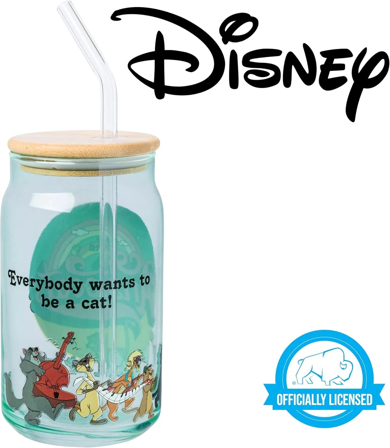 Silver Buffalo The Aristocats Glass Tumbler with Bamboo Lid and Glass Straw Featuring Duchess, Thomas O’Malley, Berlioz, Toulouse, Marie, Billy Boss, Hit Cat, Scat Cat, Peppo, and Shun Gon, 16 Ounces