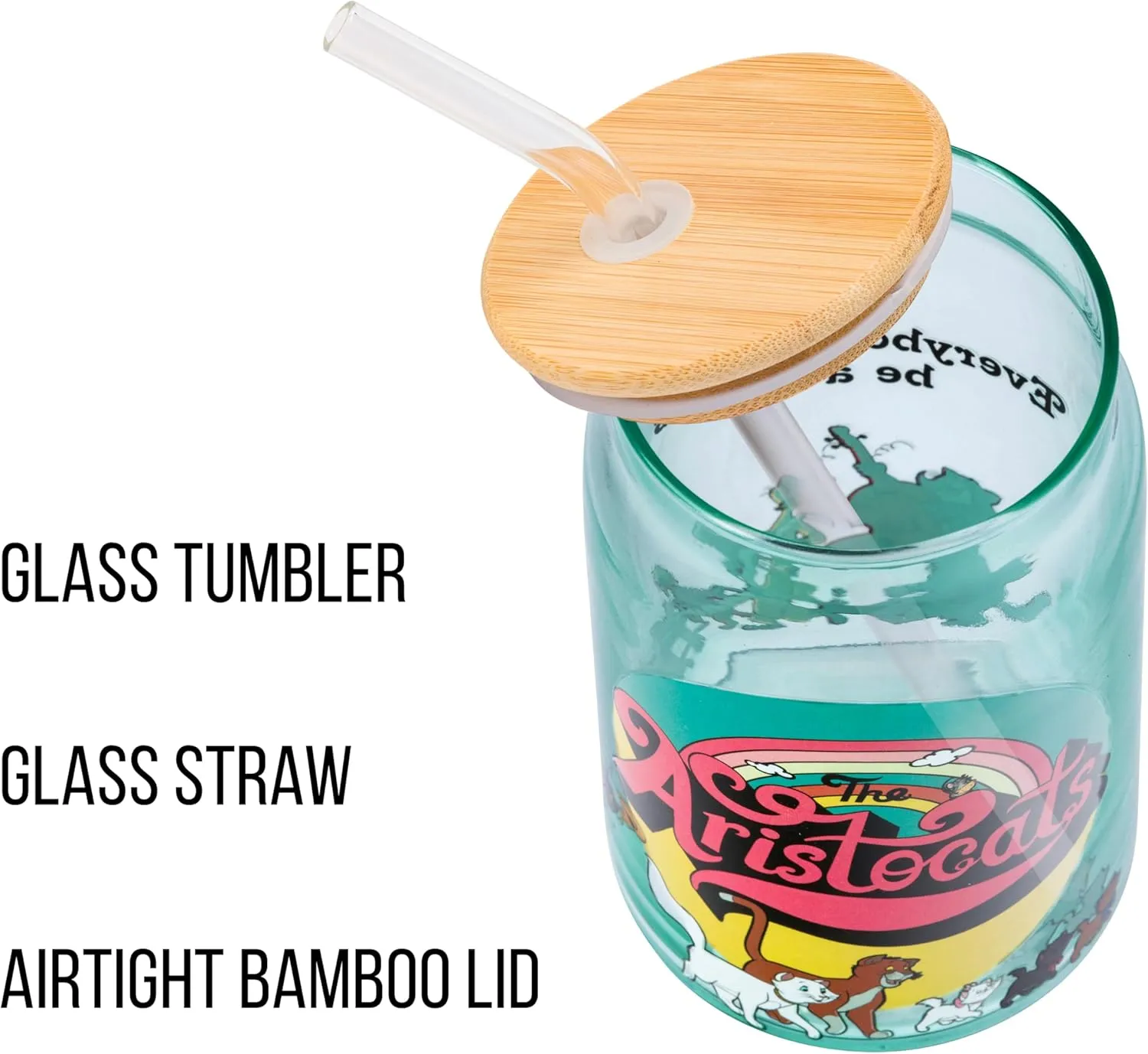 Silver Buffalo The Aristocats Glass Tumbler with Bamboo Lid and Glass Straw Featuring Duchess, Thomas O’Malley, Berlioz, Toulouse, Marie, Billy Boss, Hit Cat, Scat Cat, Peppo, and Shun Gon, 16 Ounces